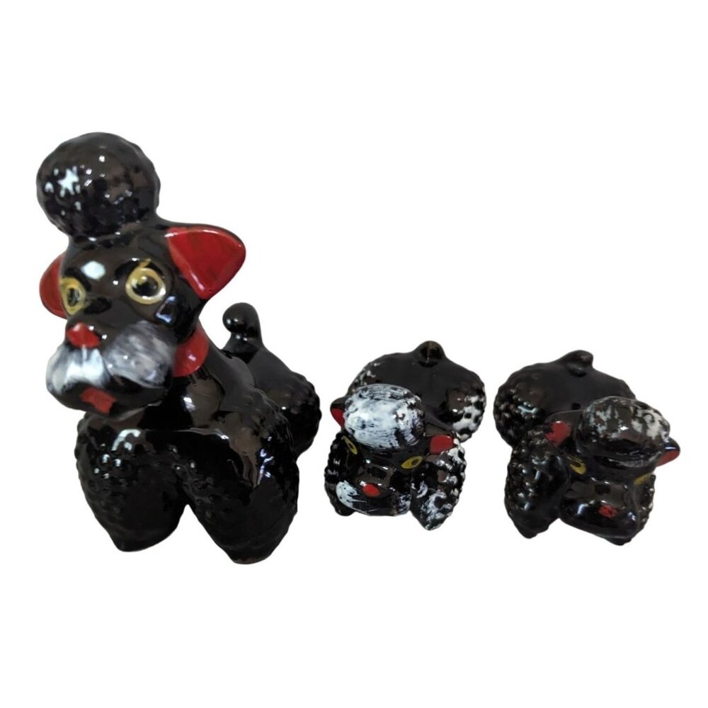 Vintage‎ Black Redware Ceramic Poodle Figurine Set of 3
